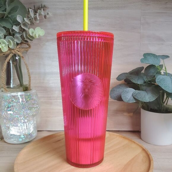 NEW Starbucks 2023 Summer Pleated Neon Magenta Venti Tumbler * - Picture 1 of 7